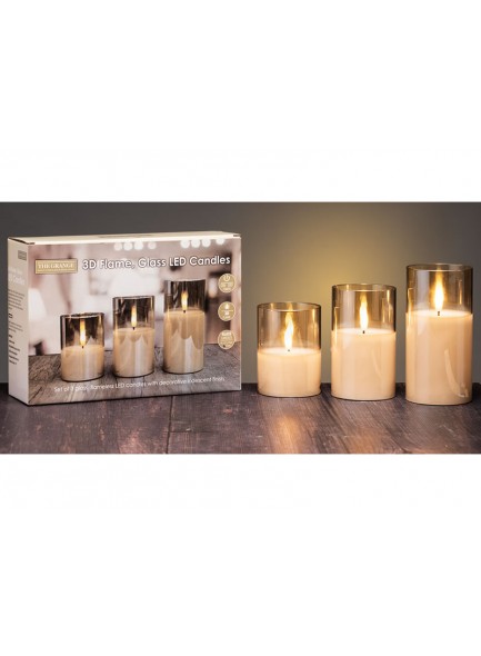 The Grange Collection Candle LED Candle Set of 3 in Amber Glass