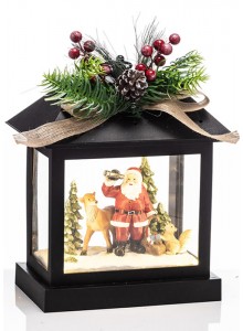 The Grange Collection LED Black Christmas Lantern - Santa & Reindeer 25x17.5x30cm