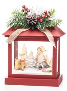 The Grange Collection LED Red Christmas Lantern - Girl & Reindeer 25x17.5x30cm