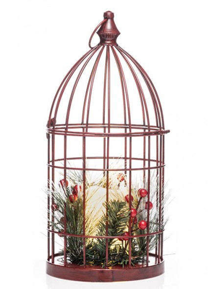 The Grange Collection Red Christmas Cage Lantern with LED Candle